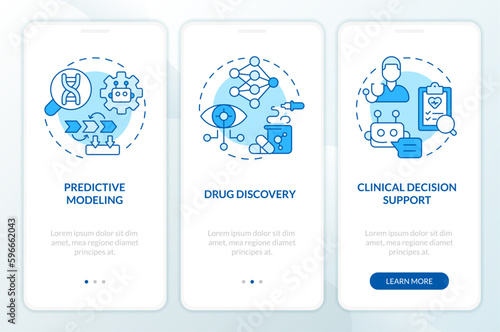 AI and ML in precision medicine blue onboarding mobile app screen. Walkthrough 3 steps editable graphic instructions with linear concepts. UI, UX, GUI template. Myriad Pro-Bold, Regular fonts used