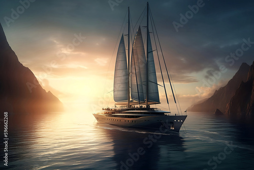 Sailing superyacht on water at sunrise, A luxury yacht is floating through the water generative ai