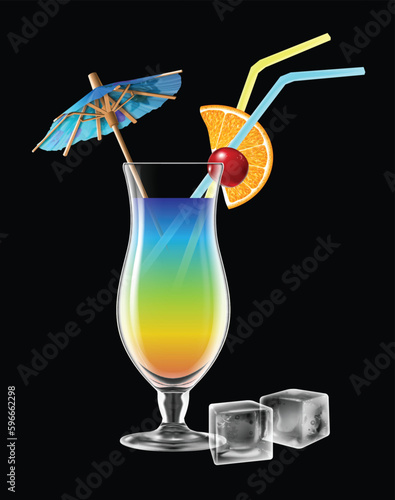 A transparent glass with a multi-colored refreshing cocktail, decorated with a cocktail umbrella and a slice of lemon, on a white background. Highly realistic illustration.