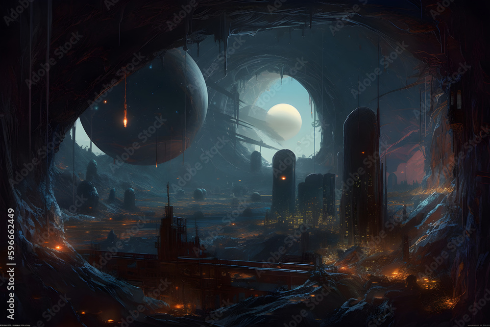 an alien city beneath a vantablack sun, epic scifi blackhole interplanetary spacecore , mysterious series ineffable mood, very detailed, negative space, massive scale, Generative AI