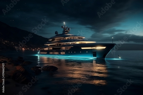 illustration of superyacht on water at night, A luxury yacht is floating through the water at night, lit up light, generative ai