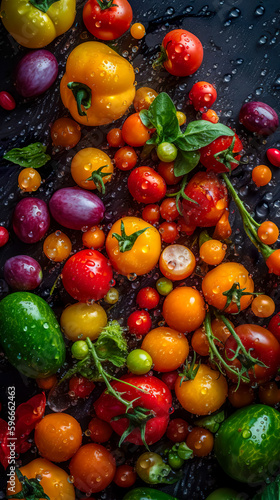 Closeup photo of fresh vegetables on background. Background for healthy food and GMO free products.Diet nutrition and fresh vegetables. Vegan and vegetarian. Generative AI