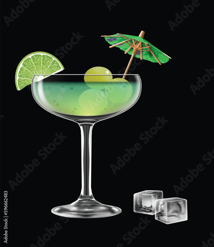 Green drink in a transparent glass, with a green cocktail umbrella, lime slice and grapes. Very realistic illustration.