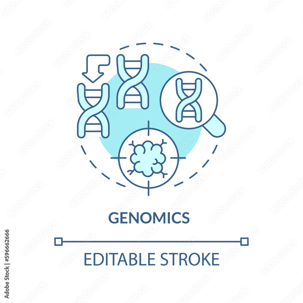 Obraz premium Genomics turquoise concept icon. Identifying genetic variations. Prevention of diseases risk. Precision medicine factor abstract idea thin line illustration. Isolated outline drawing. Editable stroke