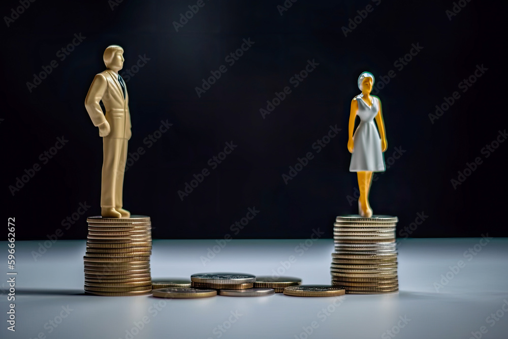 © Clàudia Ayuso - Female and male standing on different stacks of coins. Gender pay equality, inequality pay gap and salary discrimination concepts. Different salary, income or career growth opportunity. Generative AI. © Clàudia Ayuso - Female and male standing on different stacks of coins. Gender pay equality, inequality pay gap and salary discrimination concepts. Different salary, income or career growth opportunity. Generative AI.