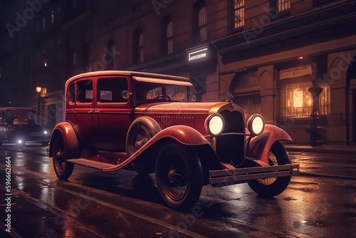 Concept art vintage red car drive at night on old new york street, generative ai