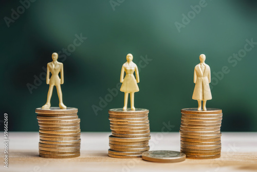 Female and male standing on different stacks of coins. Gender pay equality, inequality pay gap and salary discrimination concepts. Different salary, income or career growth opportunity. Generative AI. photo