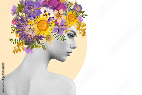 Abstract art collage of a young beautiful woman with flowers on her head. Conceptual fashion art design in a modern style © Oleg Gekman