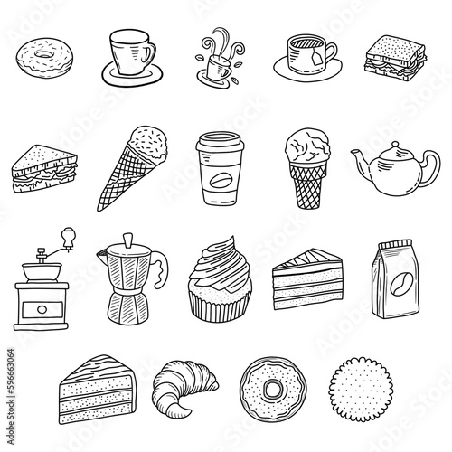 Set of hand drawn coffee doodles, drinks, desserts, beans and other related objects.