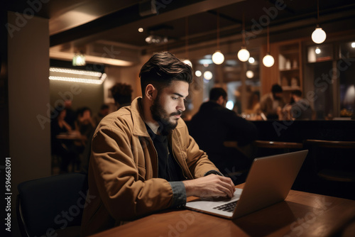 A young entrepreneur using a laptop in a modern co-working space. Generative Ai