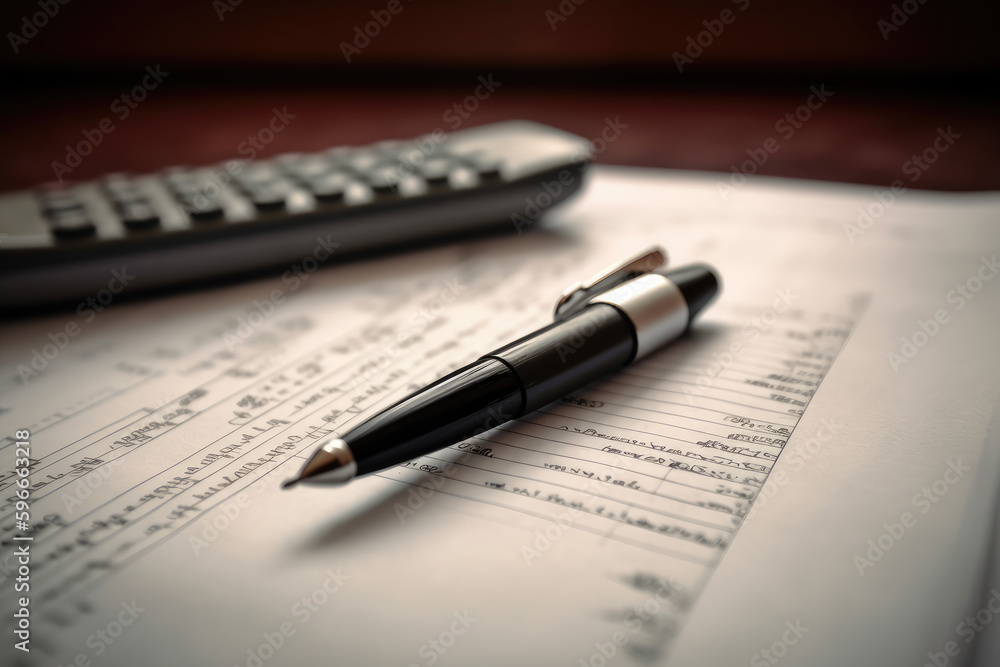 Pen on top of financial documents, and financial balance sheets. Generative AI.
Pen on top of financial documents, and financial balance sheets. Generative AI.
