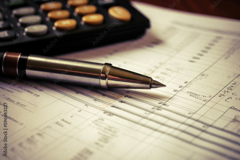 Pen on top of financial documents, and financial balance sheets. Generative AI.
Pen on top of financial documents, and financial balance sheets. Generative AI.