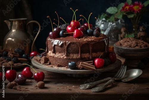 A delicious chocolate cake with fresh berries and cherries. Generative AI © Ione