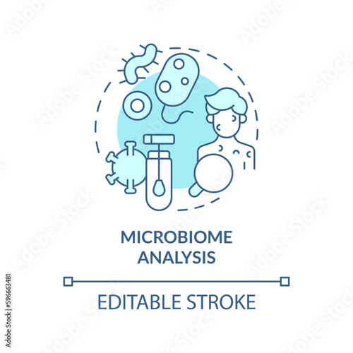 Microbiome analysis turquoise concept icon. Microbe colonies role in body. Precision medicine. Technological advance abstract idea thin line illustration. Isolated outline drawing. Editable stroke