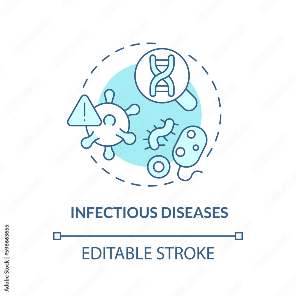 Infectious diseases turquoise concept icon. Developing treatments for patient. Application of precision medicine abstract idea thin line illustration. Isolated outline drawing. Editable stroke Infectious diseases turquoise concept icon. Developing treatments for patient. Application of precision medicine abstract idea thin line illustration. Isolated outline drawing. Editable stroke