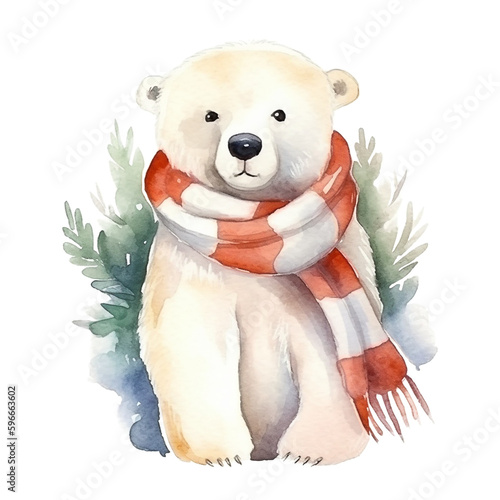 Watercolor christmas polar bear in scarf isolated on white background. 