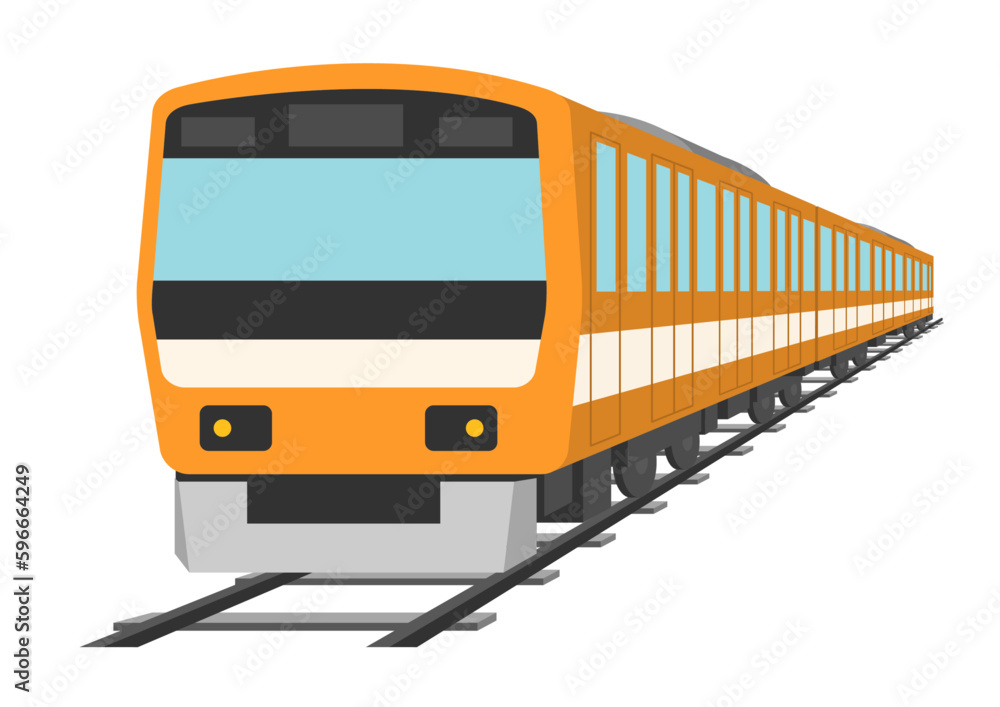 線路を走るオレンジ色の電車のイラスト
