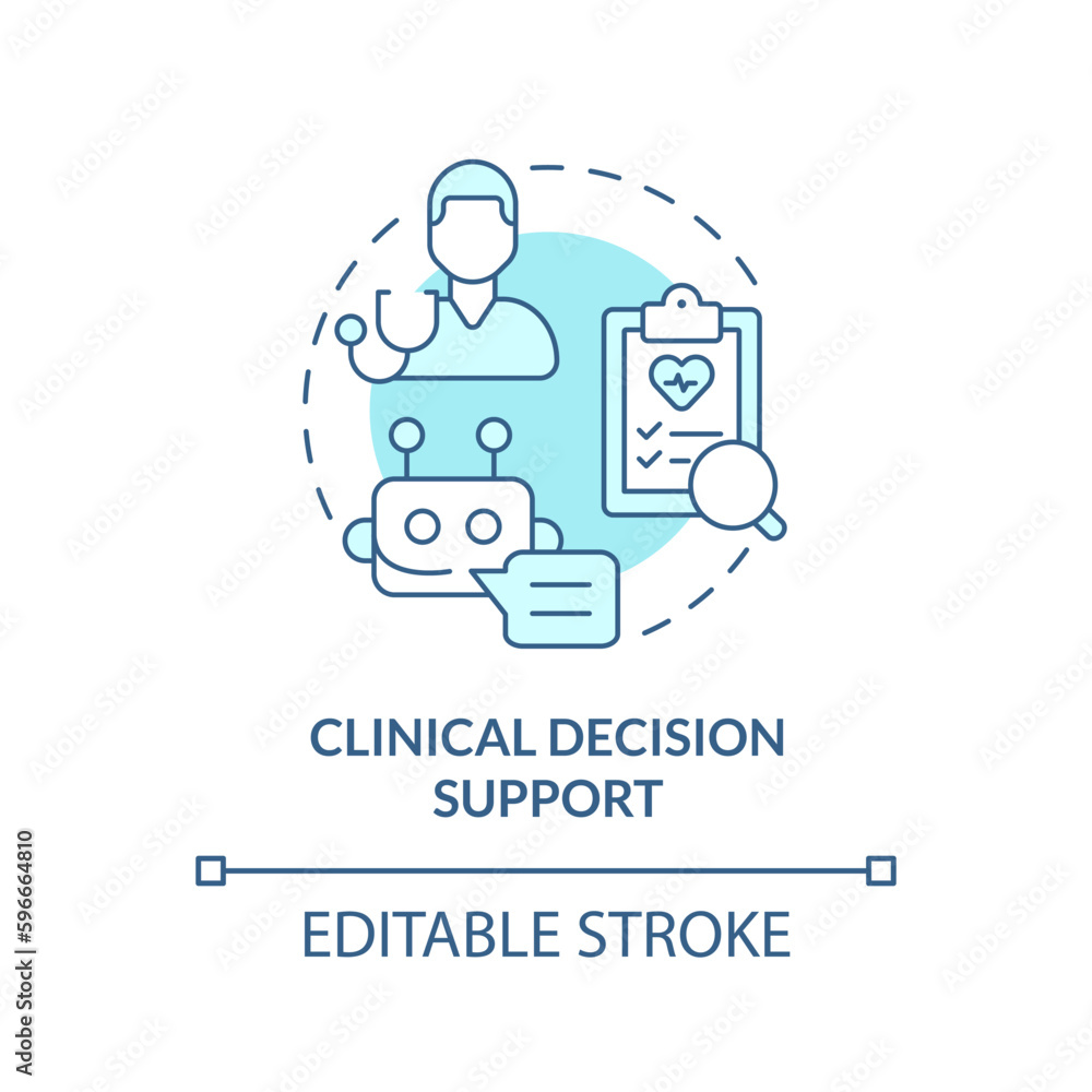 Clinical decision support turquoise concept icon. Technology of treatment improvement. AI and ML in precision medicine abstract idea thin line illustration. Isolated outline drawing. Editable stroke Clinical decision support turquoise concept icon. Technology of treatment improvement. AI and ML in precision medicine abstract idea thin line illustration. Isolated outline drawing. Editable stroke
