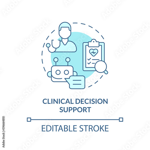 Clinical decision support turquoise concept icon. Technology of treatment improvement. AI and ML in precision medicine abstract idea thin line illustration. Isolated outline drawing. Editable stroke