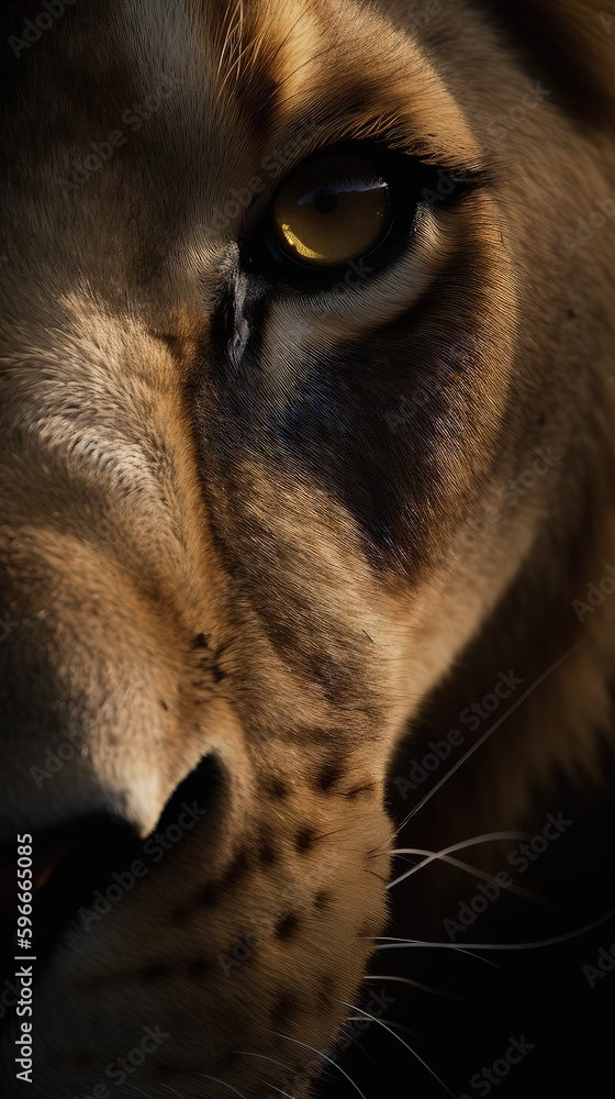 Close up picture of an animal lion, eye of a predator, generative ai