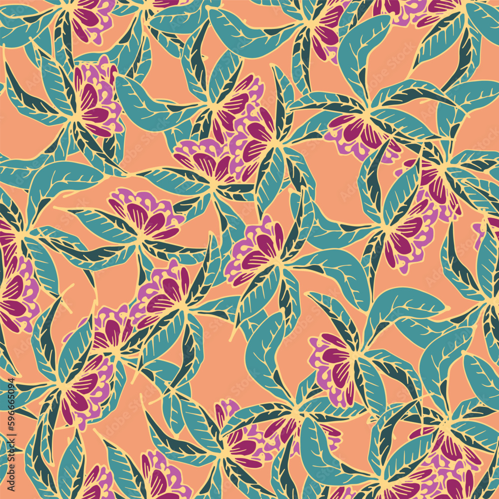 tropical floral pattern in peach, pink, and green colors