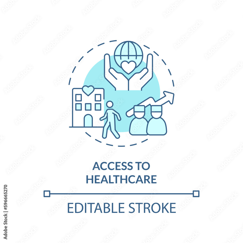 Access to healthcare turquoise concept icon. Providing medical service. Patient support. Social determinant of health abstract idea thin line illustration. Isolated outline drawing. Editable stroke