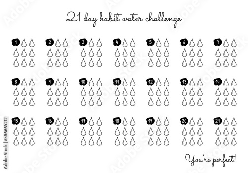 Vector template of water tracker. 21 days habit water challenge. Doodle printable planner dor helthy style of life, drinking water. Praise yourself