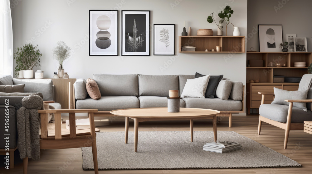 Modern scandinavian style living room, with a minimalist theme and neutral color palette. Generative AI Modern scandinavian style living room, with a minimalist theme and neutral color palette. Generative AI