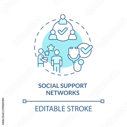 Social support networks turquoise concept icon. Promote good health and prevent illness. Public determinant of health abstract idea thin line illustration. Isolated outline drawing. Editable stroke