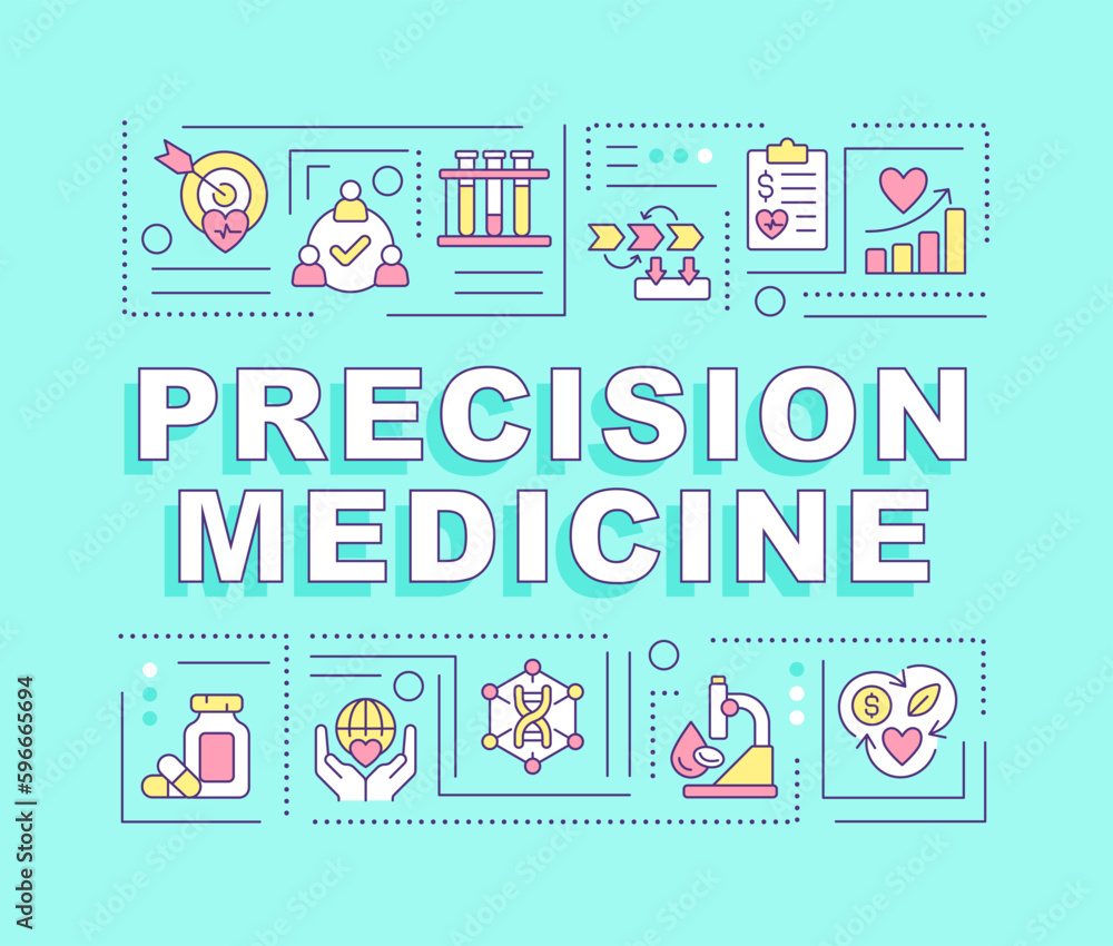 Precision medicine word concepts green banner. Genome study. Infographics with editable icons on color background. Isolated typography. Vector illustration with text. Arial-Black font used