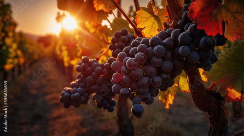 Vineyard In Fall Harvest With Ripe Grapes At Sunset, generative ai