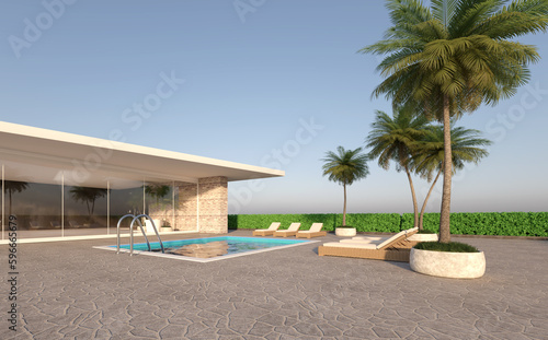 modern luxury bathroom with shower   swimming pool and palm - 3D Illustration