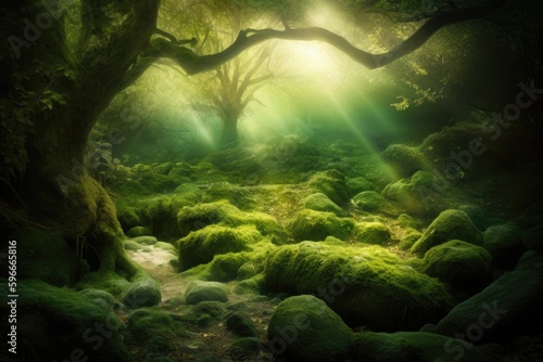 lush forest covered in vibrant green moss. Generative AI