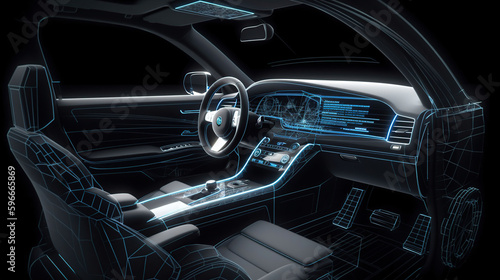Wireframe of modern car with hi tech user interface details in dark environment (3D Illustration), generative ai