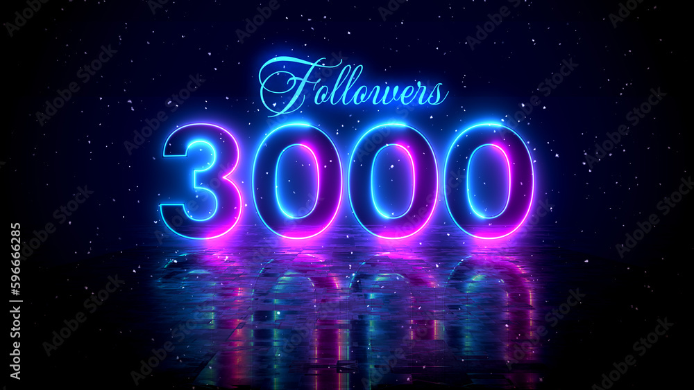 Futuristic Blue Purple Glowing Neon Light 3000 Followers Lettering With Floor Reflection Amid The Falling Snow On Dark Background