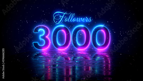 Futuristic Blue Purple Glowing Neon Light 3000 Followers Lettering With Floor Reflection Amid The Falling Snow On Dark Background