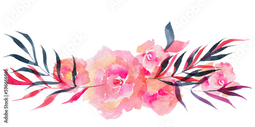 Floral rose garland. Watercolor composition of rose flowers and willow branches