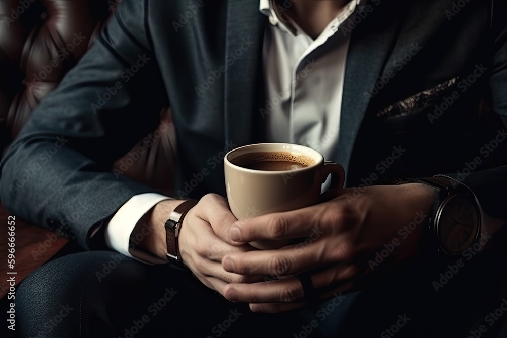 Close up. Young man in work clothes with hot coffee in a cafe Close up. Young man in work clothes with hot coffee in a cafe