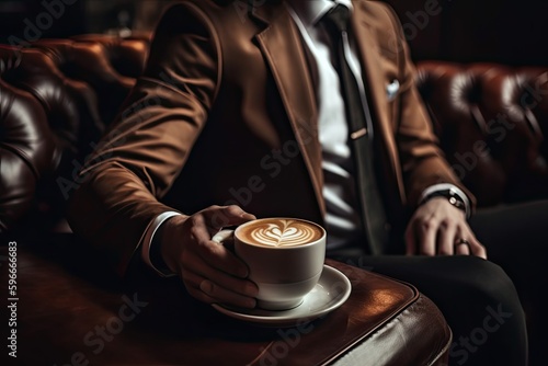 Close up. Young man in work clothes with hot coffee in a cafe