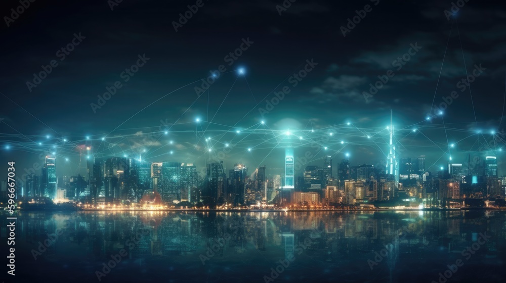 Modern city and connected technology with wireless network connection