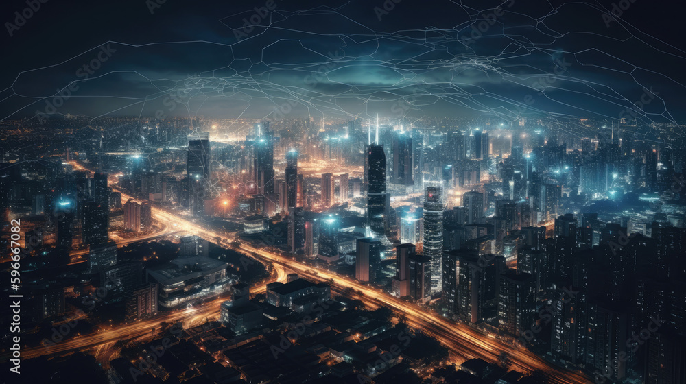 Modern city and connected technology with wireless network connection. Modern city and connected technology with wireless network connection.