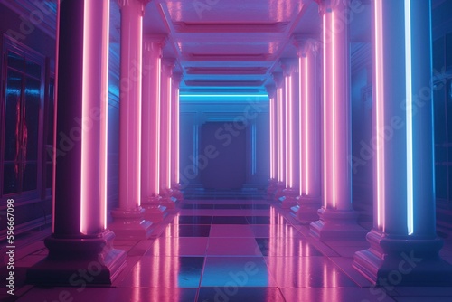 A luminous marble hallway with columns that fade away, amidst pink and blue neon lights. Generative AI