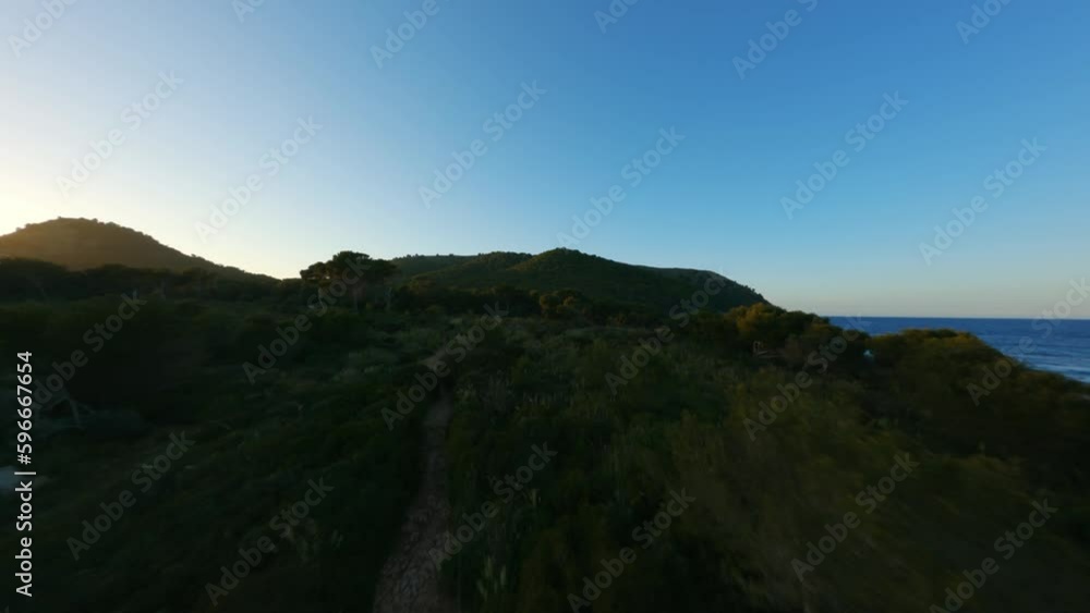 FPV drone passing dreamy forest trees and tree tops flying towards mountains and hills during golden hour sunset on holiday island Mallorca with clear ocean water at the beach FPV drone passing dreamy forest trees and tree tops flying towards mountains and hills during golden hour sunset on holiday island Mallorca with clear ocean water at the beach
