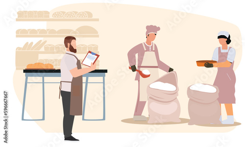 Manager observing working process of Flour purifying with colander, flour filter, strainer for separating sands, riddle in restaurant kitchen. Bread Baking Industrial Process. Workers Mixing Flour.