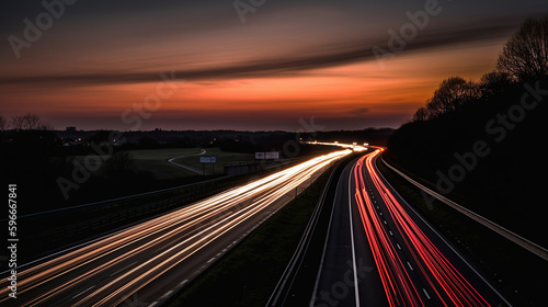 Long exposure photo of traffic on the move at dusk on motorway, generative ai