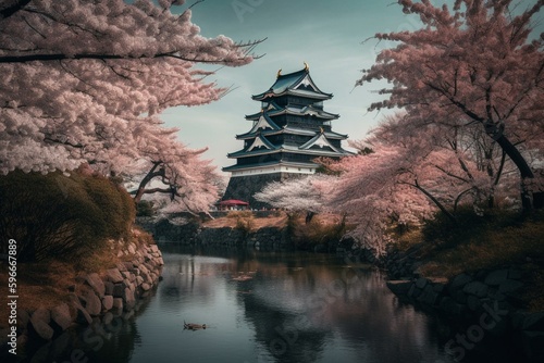 Pink cherry blossom trees frame the Hirosaki Castle in Japan's Aomori prefecture. Generative AI photo