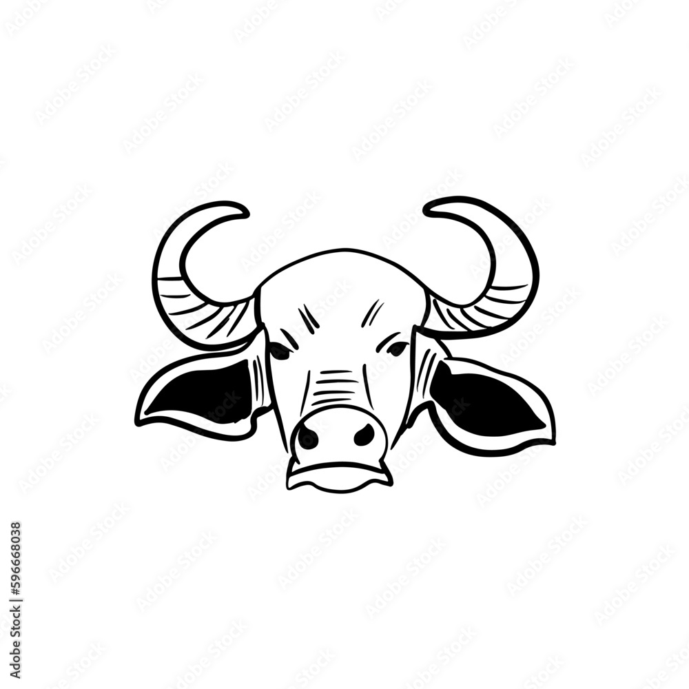 Vector sketch hand drawn bull head silhouette, doodle art with black lines Vector sketch hand drawn bull head silhouette, doodle art with black lines