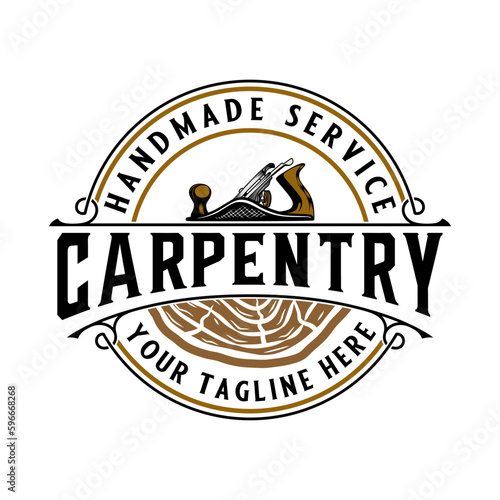 woodworking logo. wooden planer and wooden block inside ornamental circle, carpenter's symbol, for carpentry or furniture