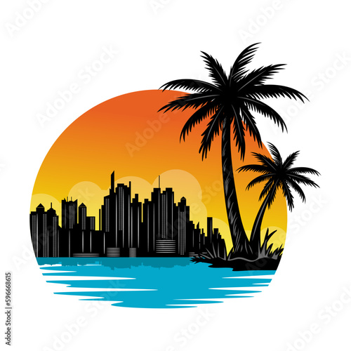 beach city logo. city and palm trees by the beach