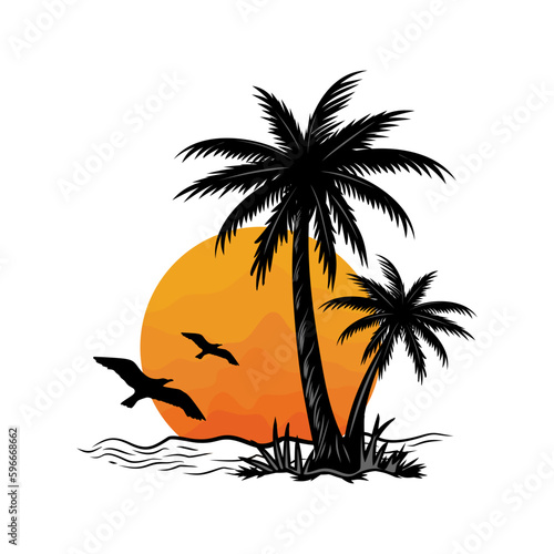 sunset logo inspiration design. beach, palm trees and sunset concept.